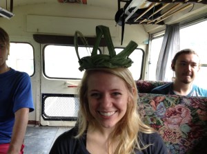 Olivia and the "Esther crown" made from bamboo leaves. It is our "Plan B" story in case we need another. 